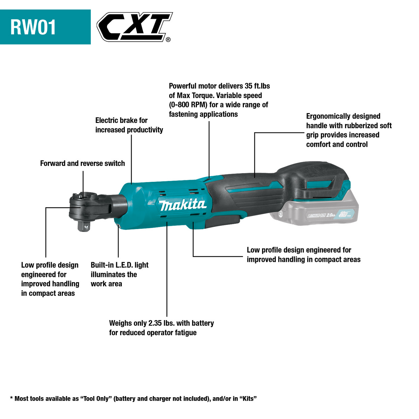 Makita RW01R1 12V max CXT® Lithium‘Ion Cordless 3/8" / 1/4" Sq. Drive Ratchet Kit (2.0Ah)