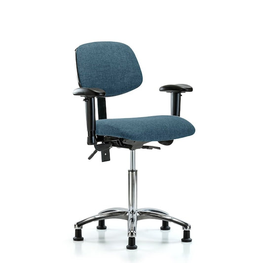 Blue Ridge Ergonomics FMBCH-CR-T1-A1-NF-RG-F43 Rutledge Fabric Chair Chrome - Medium Bench Height with Seat Tilt, Adjustable Arms, & Stationary Glides in Blue Fabric