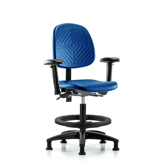 Blue Ridge Ergonomics PMBCH-MB-RG-T1-A1-BF-RG-BLU Polyurethane Chair - Medium Bench Height with Medium Back, Seat Tilt, Adjustable Arms, Black Foot Ring, & Stationary Glides in Blue Polyurethane