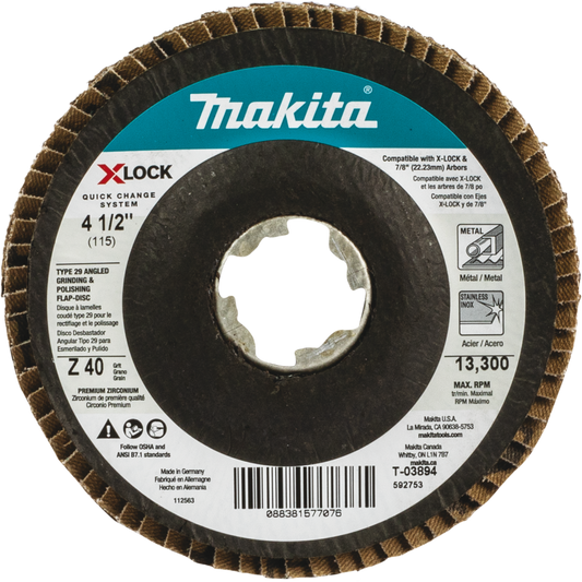 Makita T-03894 X‘LOCK 4‘1/2" 40 Grit Type 29 Angled Grinding and Polishing Flap Disc for X‘LOCK and All 7/8" Arbor Grinders