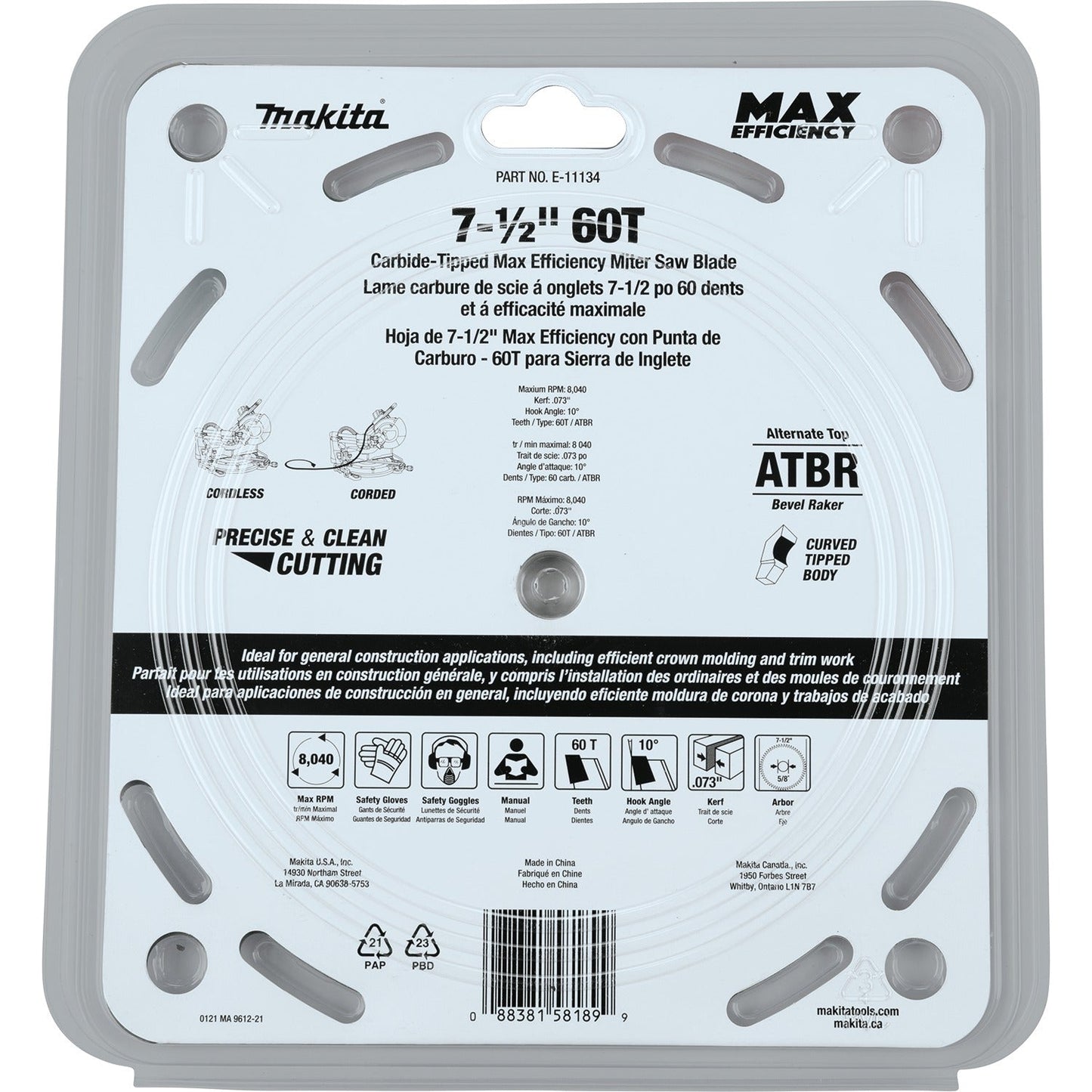 Makita E-11134 7‘1/2" 60T Carbide‘Tipped Max Efficiency Miter Saw Blade