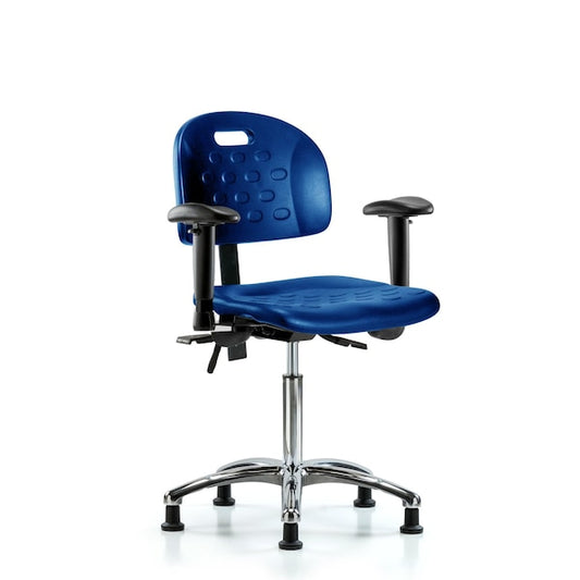 Blue Ridge Ergonomics HPMBCH-CR-T1-A1-NF-RG-BLU Newport Industrial Polyurethane Chair Chrome - Medium Bench Height with Seat Tilt, Adjustable Arms, & Stationary Glides in Blue Polyurethane