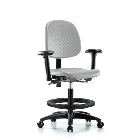 Blue Ridge Ergonomics PMBCH-MB-RG-T1-A1-BF-RC-GRY Polyurethane Chair - Medium Bench Height with Medium Back, Seat Tilt, Adjustable Arms, Black Foot Ring, & Casters in Gray Polyurethane