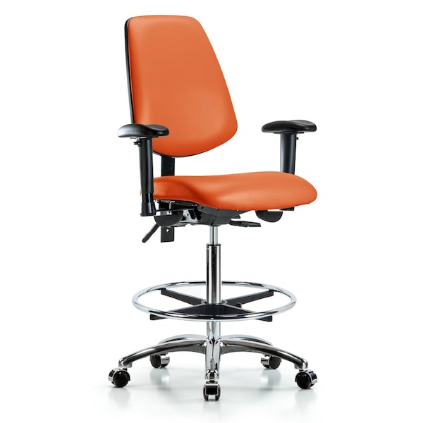 Blue Ridge Ergonomics VHBCH-MB-CR-T1-A1-CF-CC-8613 Rutledge Vinyl Chair Chrome - High Bench Height with Medium Back, Seat Tilt, Adjustable Arms, Chrome Foot Ring, & Casters in Orange Kist Trailblazer™ Vinyl