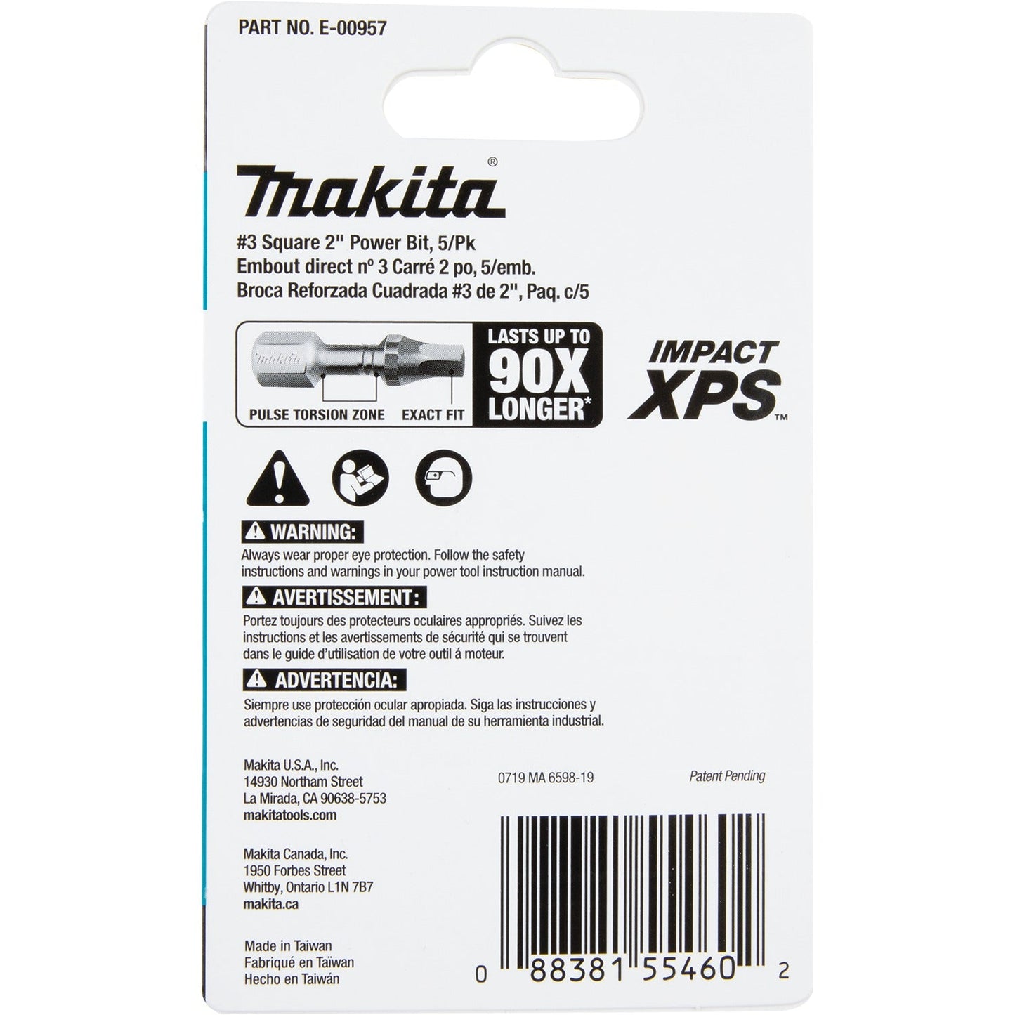 Makita E-00957 Impact XPS® #3 Square 2" Power Bit, 5/pk