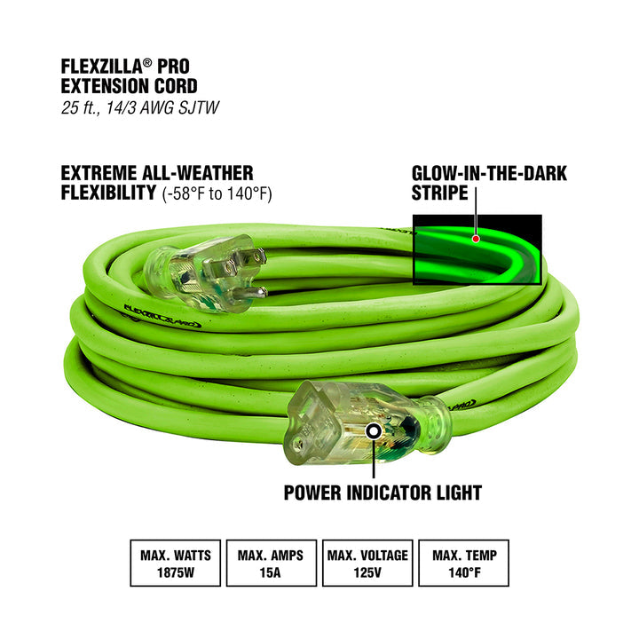 FlexZilla FZ512725 Pro Extension Cord, 14/3 AWG SJTW, 25', Outdoor, Lighted Plug