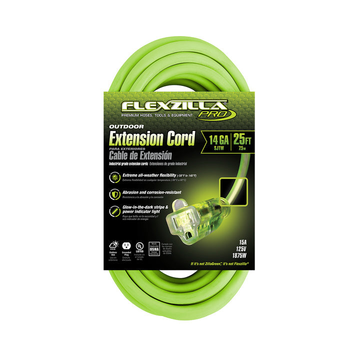 FlexZilla FZ512725 Pro Extension Cord, 14/3 AWG SJTW, 25', Outdoor, Lighted Plug