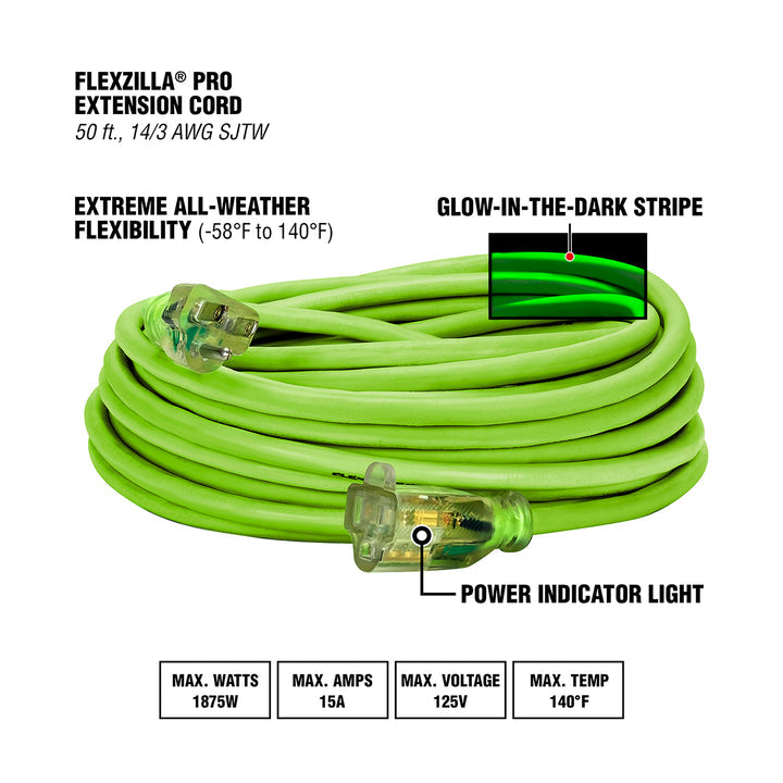 FlexZilla FZ512730 Pro Extension Cord, 14/3 AWG SJTW, 50', Outdoor, Lighted Plug
