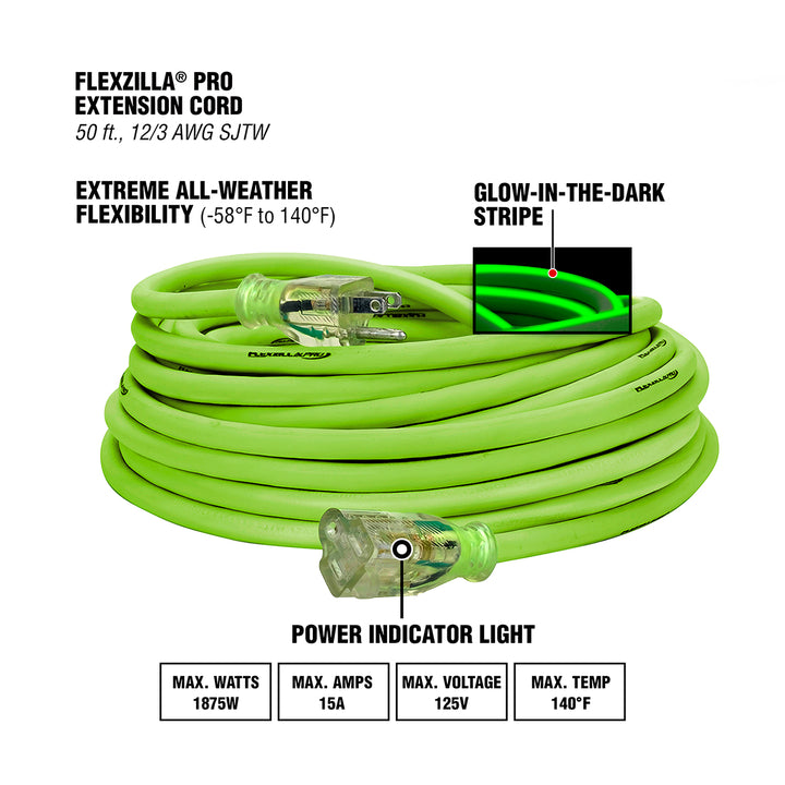 FlexZilla FZ512830 Pro Extension Cord, 12/3 AWG SJTW, 50', Outdoor, Lighted Plug