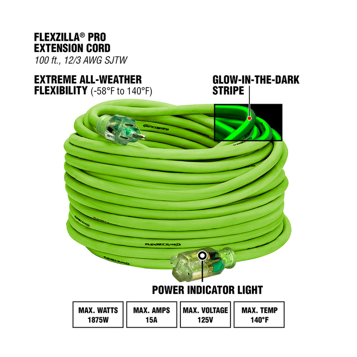 FlexZilla FZ512835 Pro Extension Cord, 12/3 AWG SJTW, 100', Outdoor, Lighted Plug