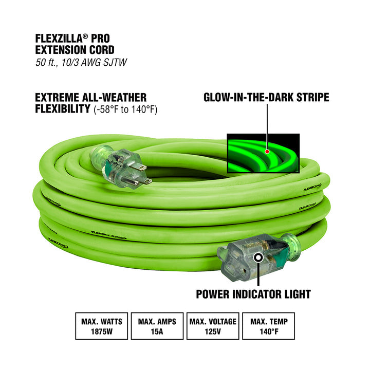 FlexZilla FZ512930 Pro Extension Cord, 10/3 AWG SJTW, 50', Outdoor, Lighted Plug