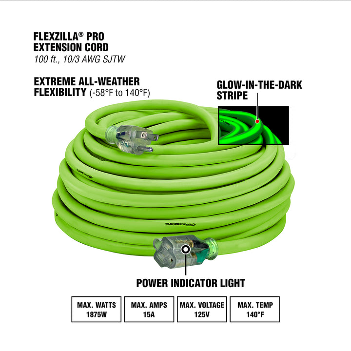 FlexZilla FZ512935 Pro Extension Cord, 10/3 AWG SJTW, 100', Outdoor, Lighted Plug