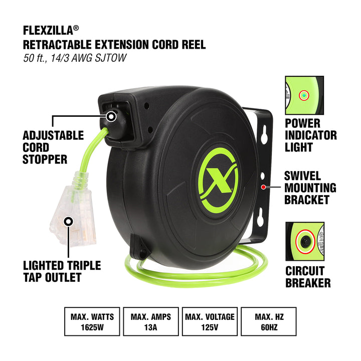 FlexZilla FZ8140503 Retractable Extension Cord Reel, 50', 14/3 AWG SJTOW, Grounded Triple Tap Outlet, Indoor/Dry Locations