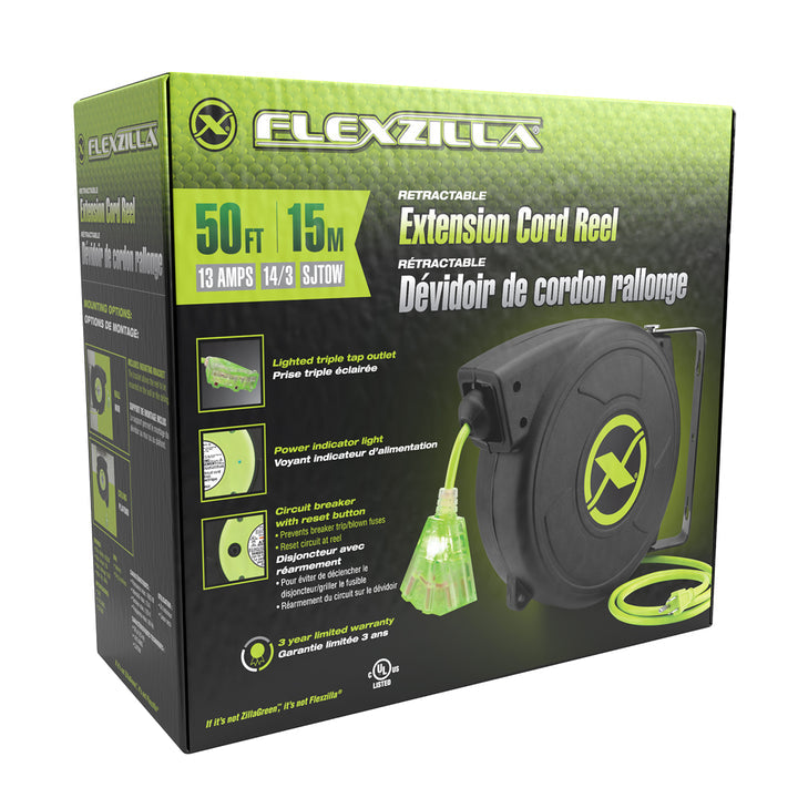FlexZilla FZ8140503 Retractable Extension Cord Reel, 50', 14/3 AWG SJTOW, Grounded Triple Tap Outlet, Indoor/Dry Locations