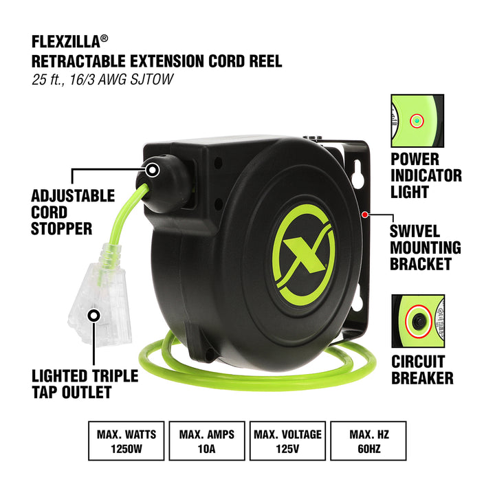 FlexZilla FZ8160253 Retractable Extension Cord Reel, 25', 16/3 AWG SJTOW, Grounded Triple Tap Outlet, Indoor/Dry Locations