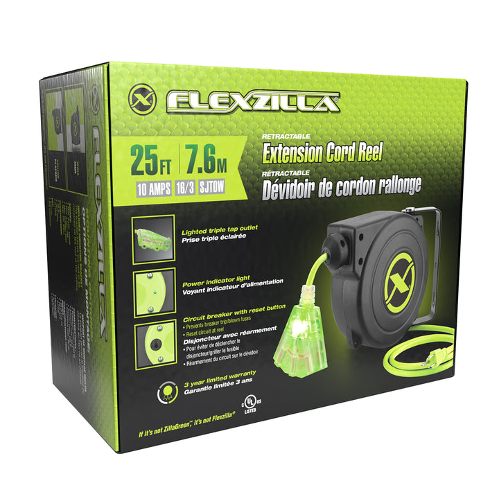 FlexZilla FZ8160253 Retractable Extension Cord Reel, 25', 16/3 AWG SJTOW, Grounded Triple Tap Outlet, Indoor/Dry Locations