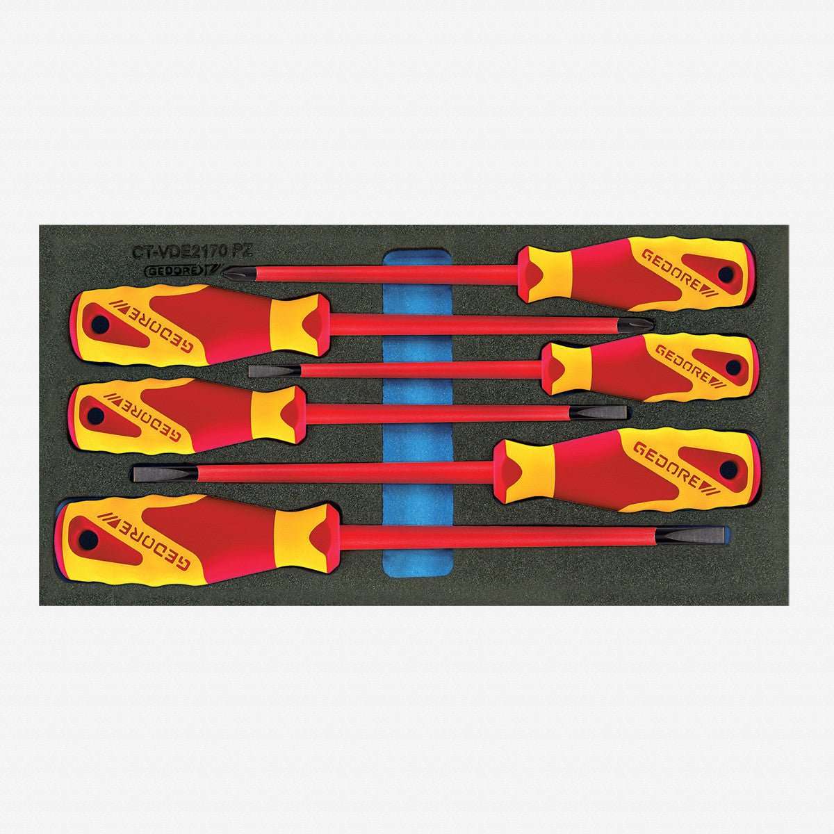 Gedore 2309173 1500 CT1-VDE 2170 VDE Insulated Slotted and Pozidriv Screwdiver Set in 1/3 CT Module, 6 Pieces
