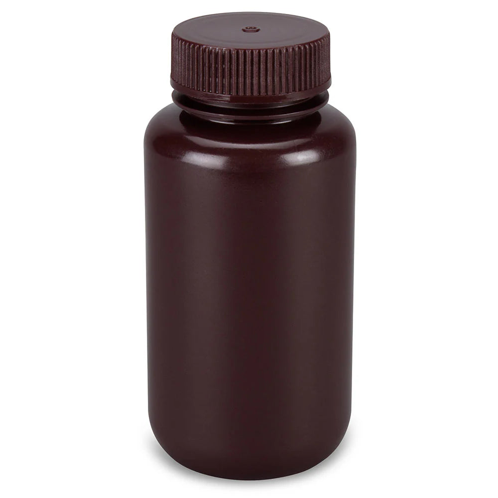 Globe Scientific 7510250AMBKS Bottle Wide Mouth Round Amber HDPE with Amber PP Closure 250mL Bulk Packed with Bottles and Caps Bagged Separately 250/Case