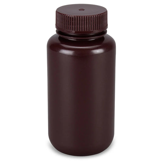 Globe Scientific 7510250AMBKS Bottle Wide Mouth Round Amber HDPE with Amber PP Closure 250mL Bulk Packed with Bottles and Caps Bagged Separately 250/Case