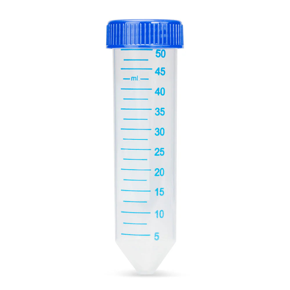 Globe Scientific V-6297T Centrifuge tube 50mL certified blue screwcap printed grads 25/resealable bag