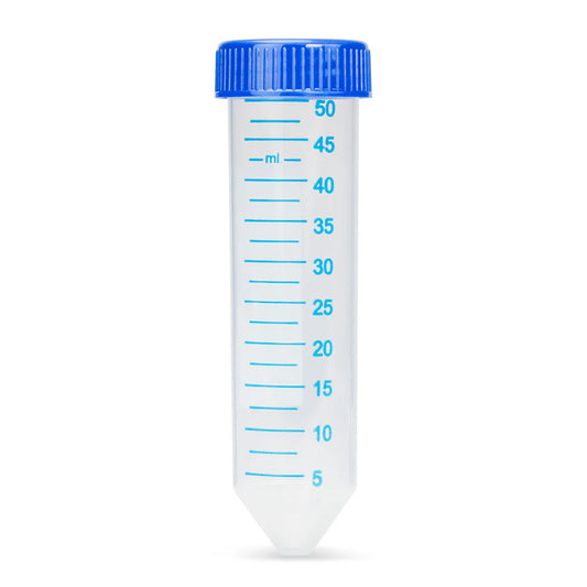 Globe Scientific V-6297T Centrifuge tube 50mL certified blue screwcap printed grads 25/resealable bag