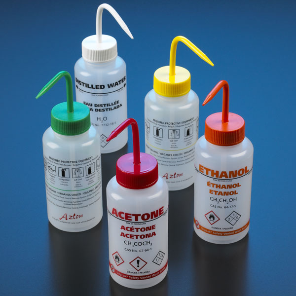 Globe Scientific WGW539VTML-GHS-1 Wash bottle Isopropanol500mL LDPEmulti-lingualvented yellow GHS Labeled