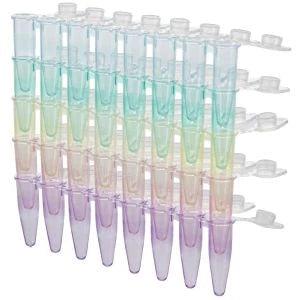 Globe Scientific PCR-DL-02F-RW DiamondLink 0.2mL 8-Strip Tubes with Individually-Attached Flat Caps Assorted Colors (Blue Red Green Yellow and Violet)
