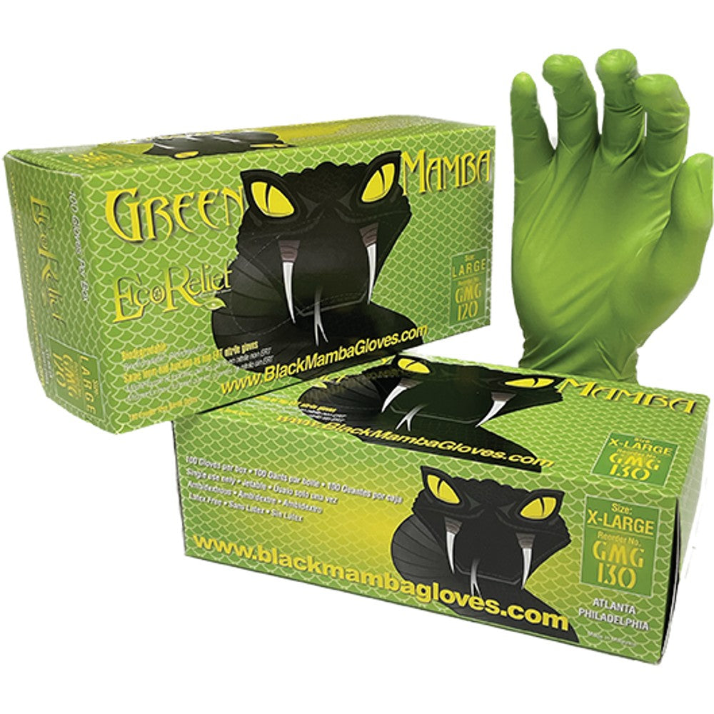 Black Mamba GMG-130 Disposable, Biodegradable Nitrile Gloves, Hi-Viz Green, 7 mil Thickness, Powder & Latex Free, Industrial Grade, 100 Per Box, XL