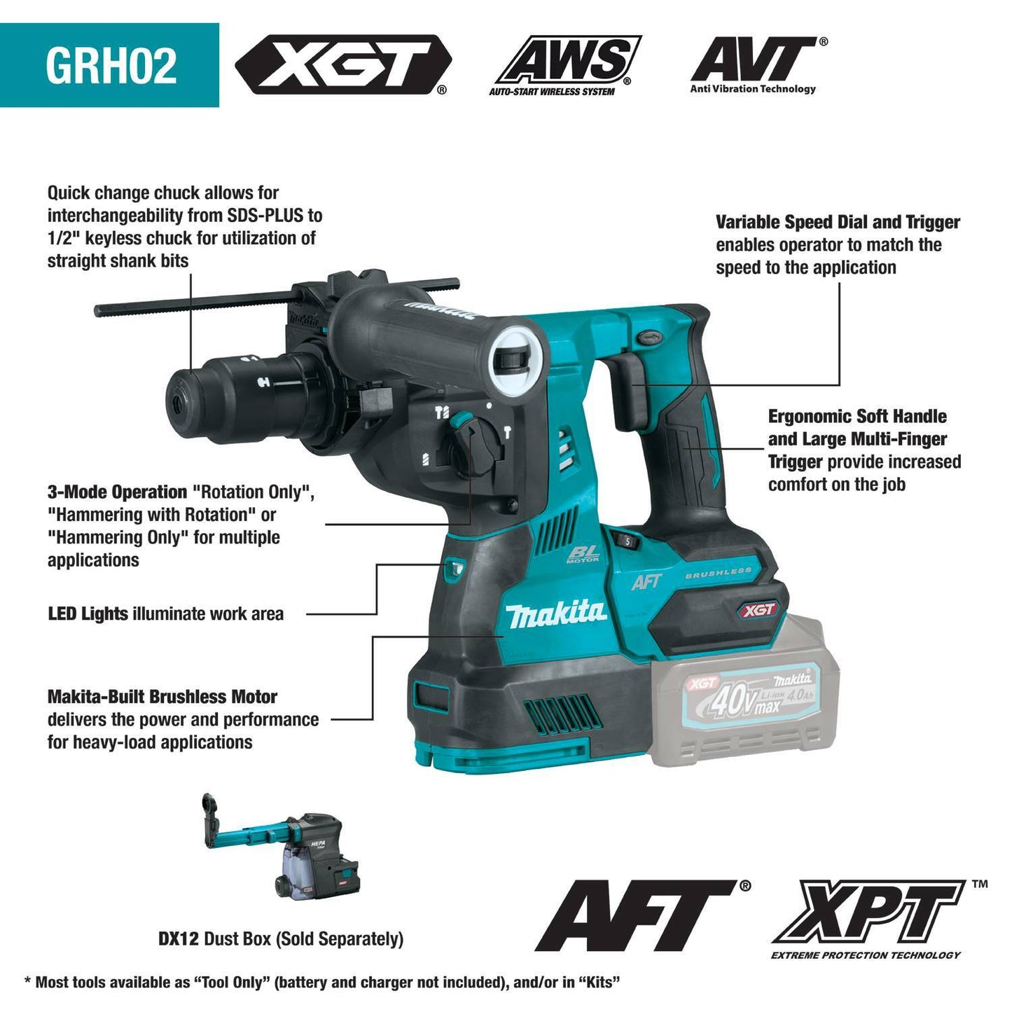 Makita GRH02Z 40V max XGT® Brushless Cordless 1‘1/8" SDS‘PLUS AVT® Rotary Hammer, with Interchangeable Chuck, AWS® Capable, Tool Only