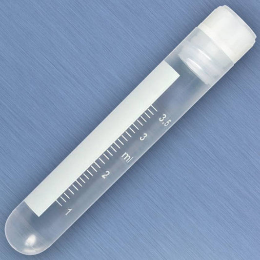 Globe Scientific 3004 CryoCLEAR vails 4.0mL STERILE Internal Threads Attached Screwcap with Co-Molded Thermoplastic Elastomer (TPE) Sealing Layer Round Bottom Printed Graduations Writing Space and Barcode 50/Bag 10 Bags/Case