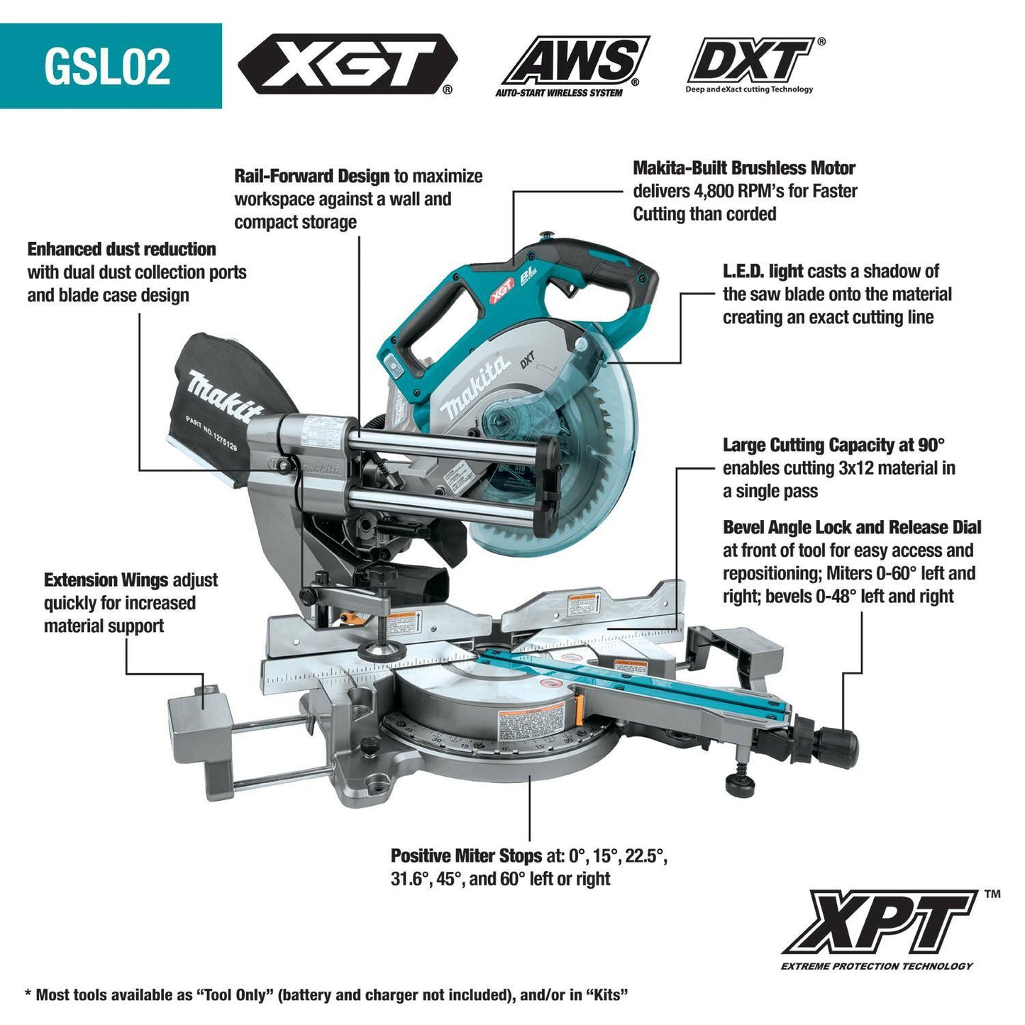 Makita GSL02Z 40V max XGT® Brushless Cordless 8‘1/2" Dual‘Bevel Sliding Compound Miter Saw, AWS® Capable, Tool Only