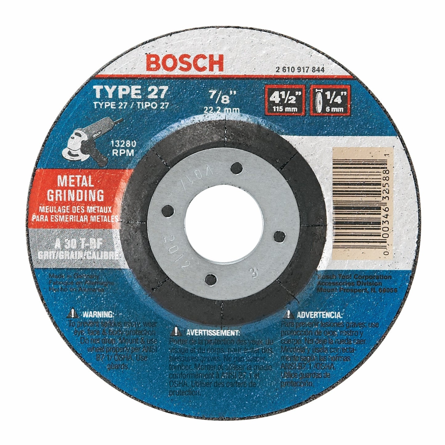 Bosch GW27M450 4-1/2 X 1/4 X 7/8 Type 27 Grinding Wheel A30T-Bf For Metal (Bulk)