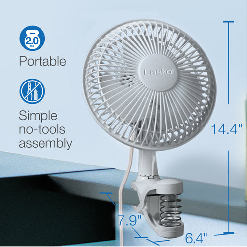 Lasko 2004W 6" Clip Fan with 2 Quiet Speeds, White