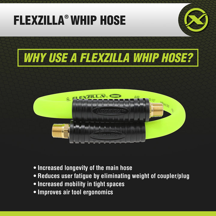 FlexZilla HFZ1202YW3S Whip Hose with Swivel, 1/2" x 2', 3/8" MNPT Swivel x 3/8" MNPT Fittings