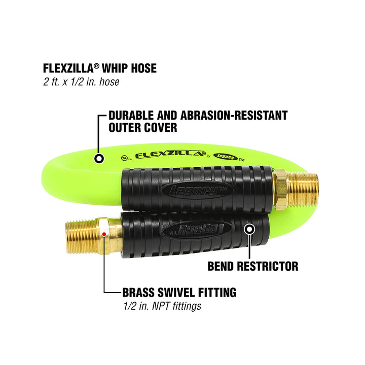 FlexZilla HFZ1202YW4S Whip Hose with Swivel, 1/2" x 2', 1/2" MNPT Swivel x 1/2" MNPT Fittings