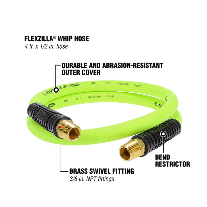 FlexZilla HFZ1204YW3S Whip Hose with Swivel, 1/2" x 4', 3/8" MNPT Swivel x 3/8" MNPT Fittings