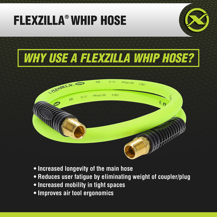 FlexZilla HFZ1204YW3S Whip Hose with Swivel, 1/2" x 4', 3/8" MNPT Swivel x 3/8" MNPT Fittings