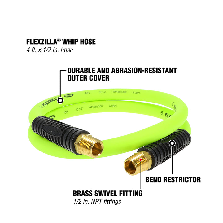 FlexZilla HFZ1204YW4S Whip Hose with Swivel, 1/2" x 4', 1/2" MNPT Swivel x 1/2" MNPT Fittings