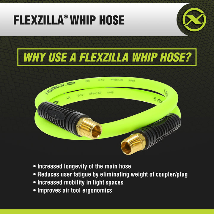 FlexZilla HFZ1204YW4S Whip Hose with Swivel, 1/2" x 4', 1/2" MNPT Swivel x 1/2" MNPT Fittings