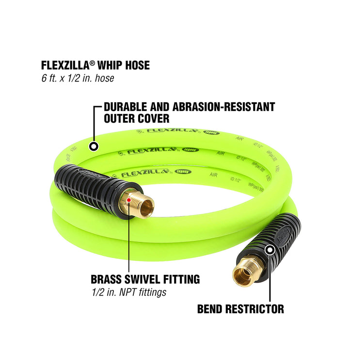 FlexZilla HFZ1206YW4S Whip Hose with Swivel, 1/2" x 6', 1/2" MNPT Swivel x 1/2" MNPT Fittings