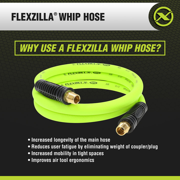 FlexZilla HFZ1206YW4S Whip Hose with Swivel, 1/2" x 6', 1/2" MNPT Swivel x 1/2" MNPT Fittings
