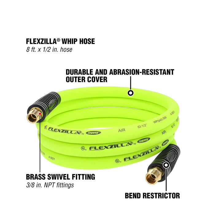 FlexZilla HFZ1208YW3S Whip Hose with Swivel, 1/2" x 8', 3/8" MNPT Swivel x 3/8" MNPT Fittings