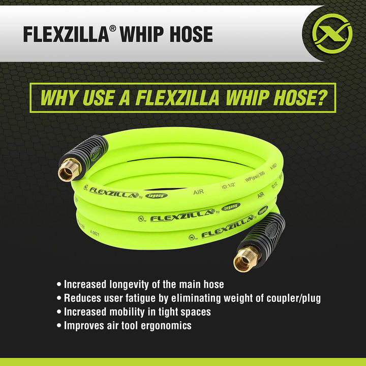 FlexZilla HFZ1208YW3S Whip Hose with Swivel, 1/2" x 8', 3/8" MNPT Swivel x 3/8" MNPT Fittings