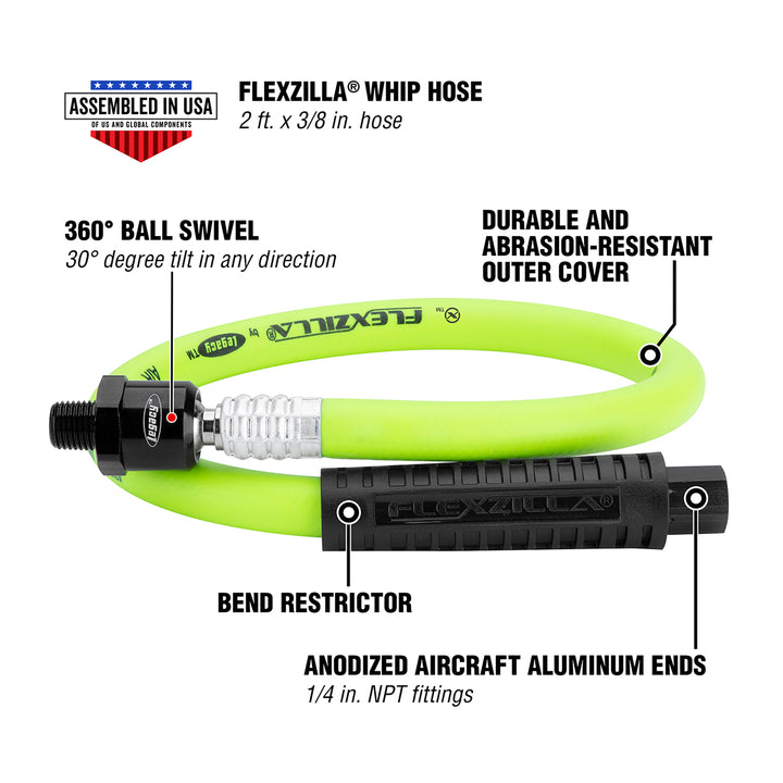 FlexZilla HFZ3802YW2B Whip Hose with Ball Swivel, 3/8" x 2'