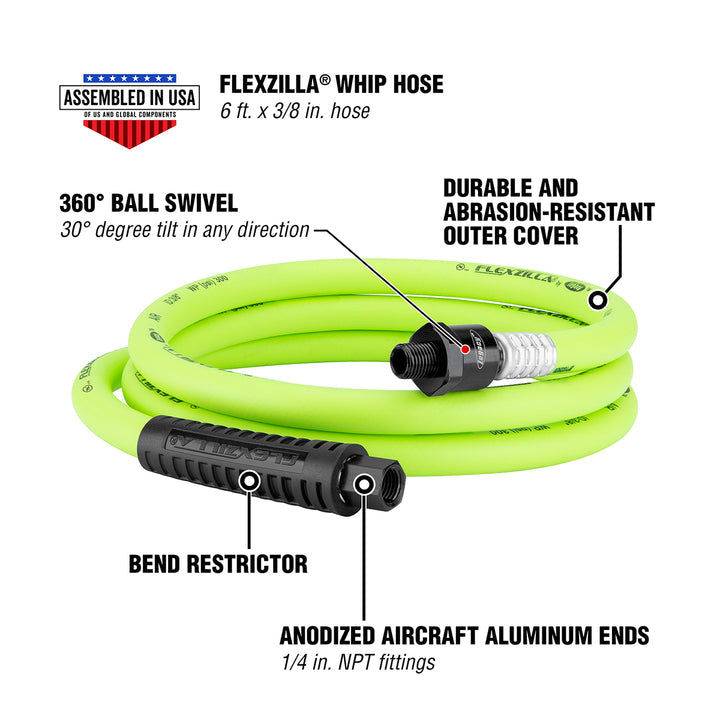 FlexZilla HFZ3806YW2B Whip Hose with Ball Swivel, 3/8" x 6'