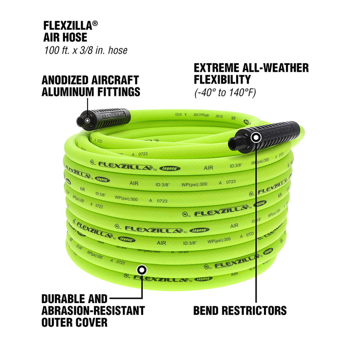 FlexZilla HFZ38100YW2 Air Hose, 3/8" x 100', 1/4" MNPT Fittings