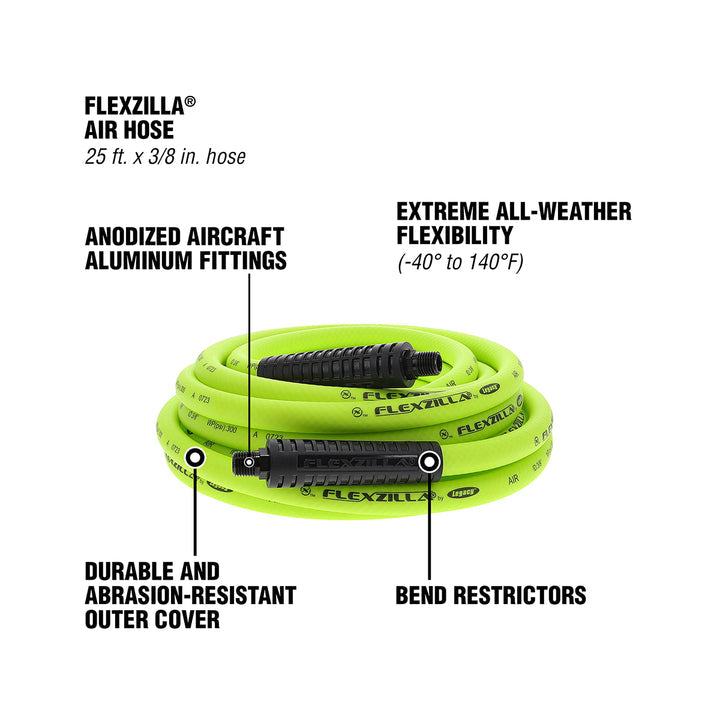 FlexZilla HFZ3825YW2 Air Hose, 3/8" x 25', 1/4" MNPT Fittings