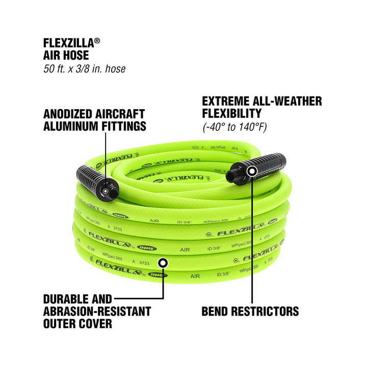 FlexZilla HFZ3850YW2 Air Hose, 3/8" x 50', 1/4" MNPT Fittings