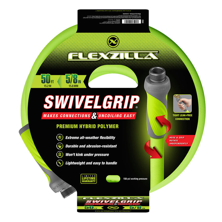 FlexZilla HFZG550YWS SwivelGrip® Garden Hose, 5/8" x 50', 3/4" - 11 1/2 GHT Fittings