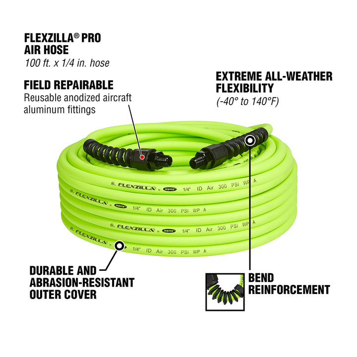 FlexZilla HFZP14100YW2 Pro Air Hose, 1/4" x 100', 1/4" MNPT Fittings